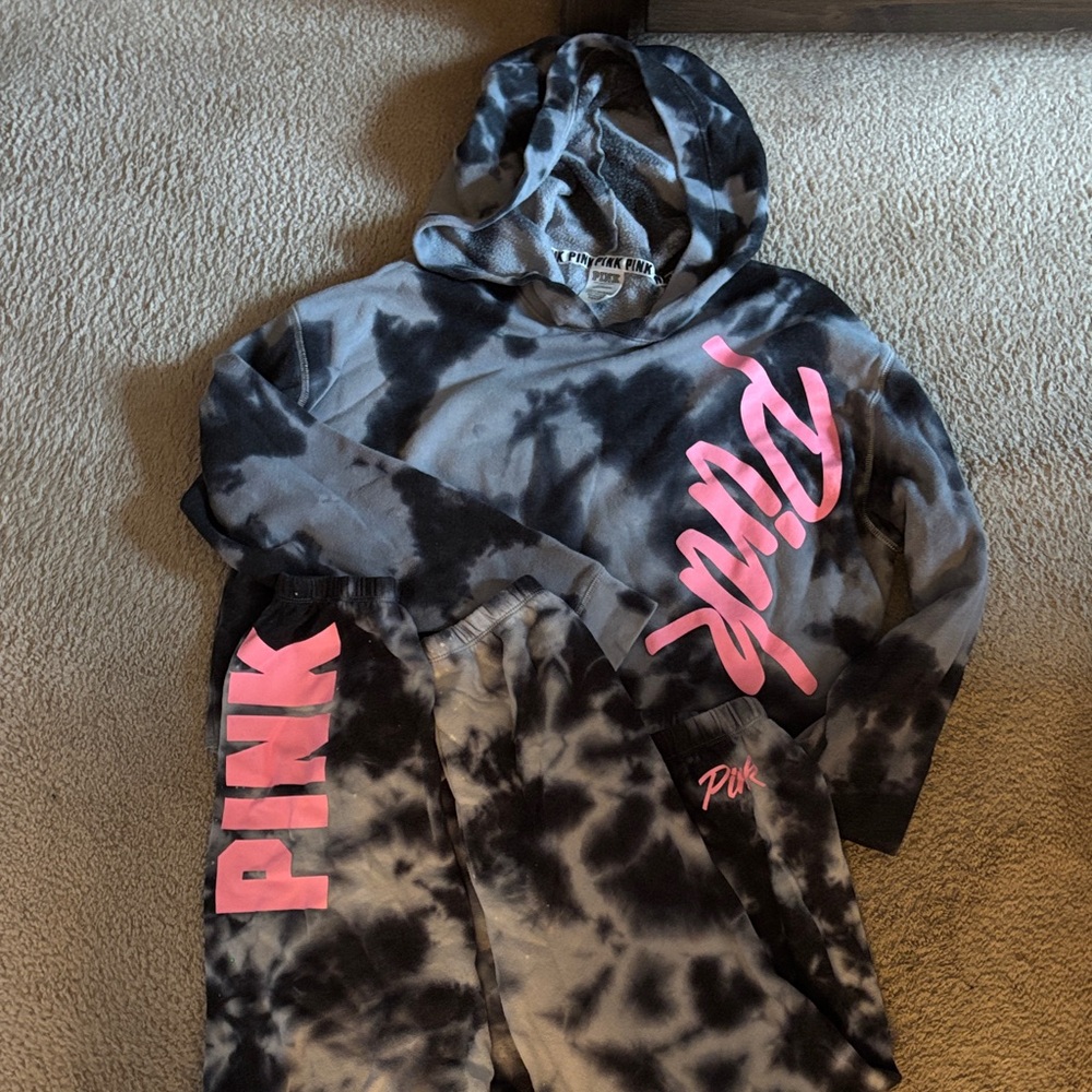 PINK Victoria's Secret Black and Pink Tie-Dye Womens Hoodie Set
